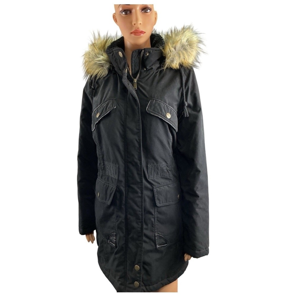 DKNY Womens Black Parka Coat Faux Fur Hooded Jacket Winter‎ Size M